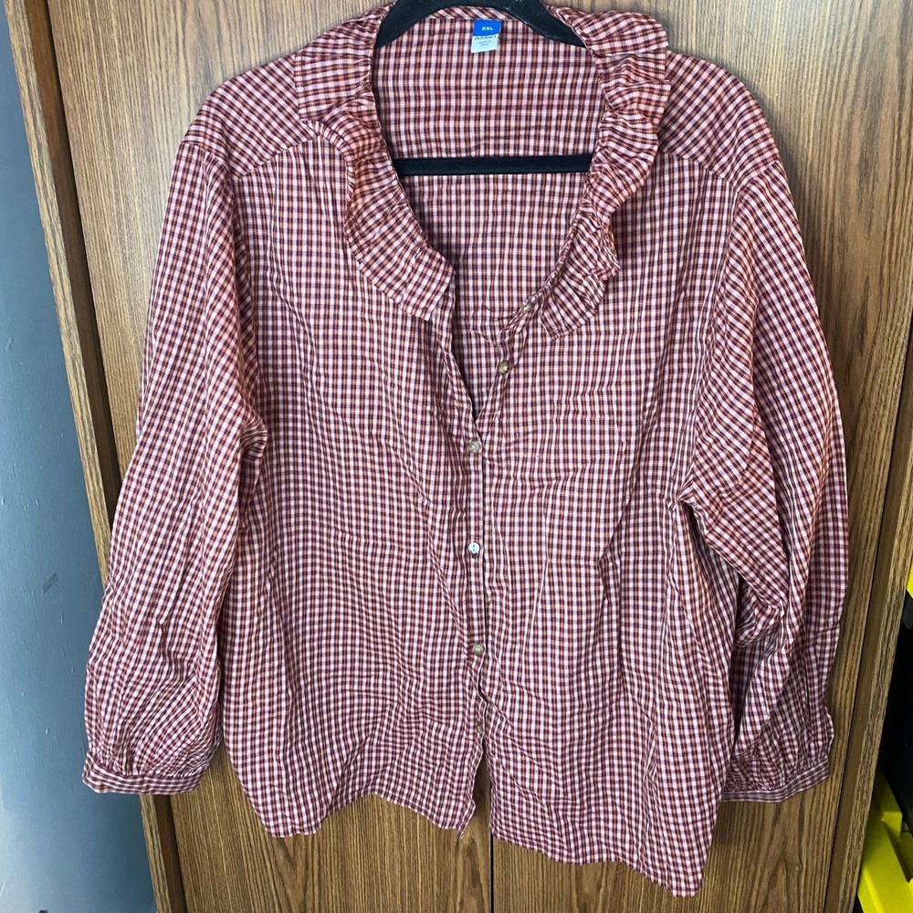 Old‎ Navy Ruffle Collar Blouse Womens XXL Red Gingham Plaid Long Sleeve Cotton